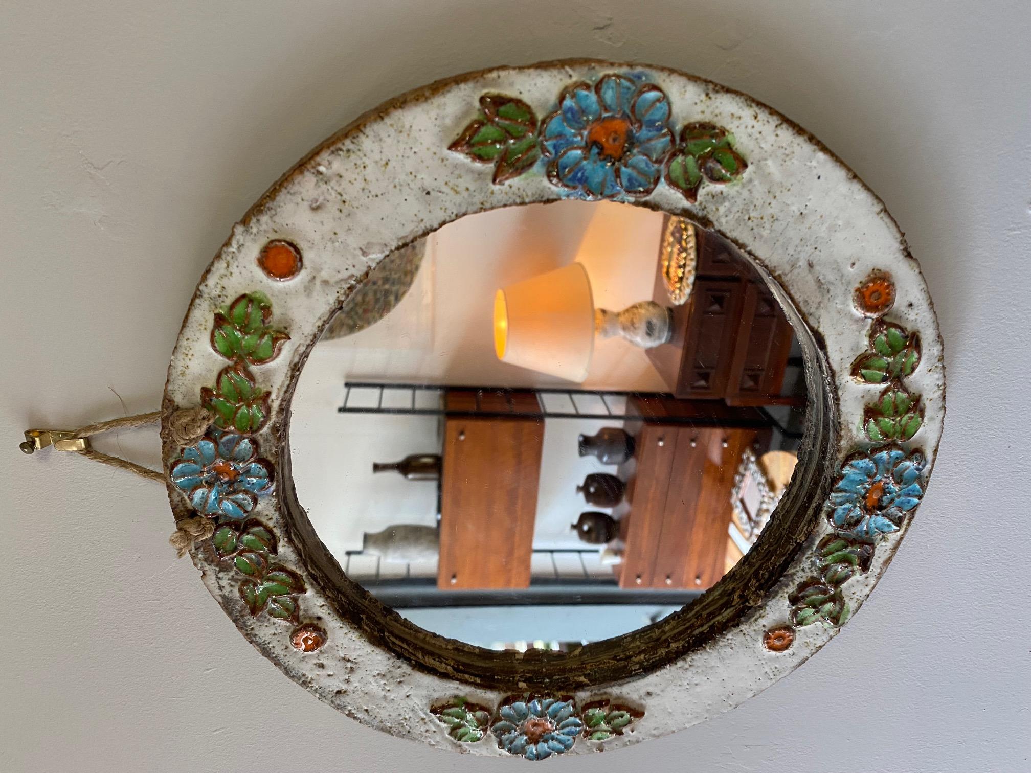 French Ceramic Mirror by La Roue Vallauris, France, 1960s For Sale