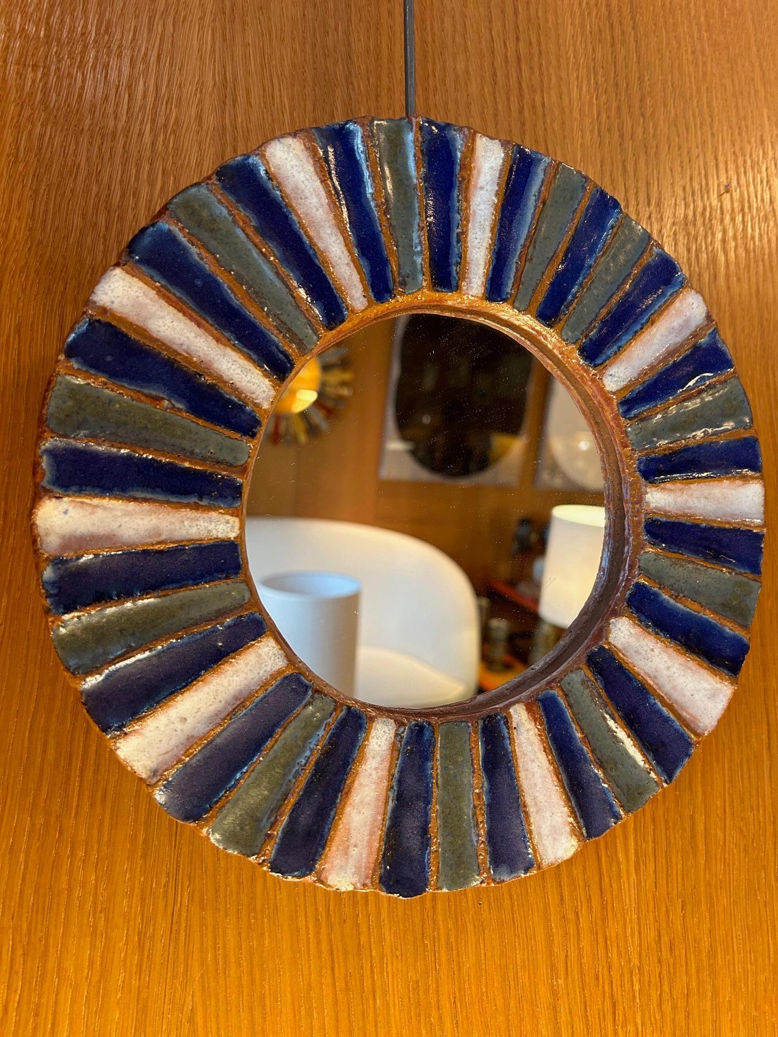 Ceramic circular mirror by les Arognautes, signed, 1960's