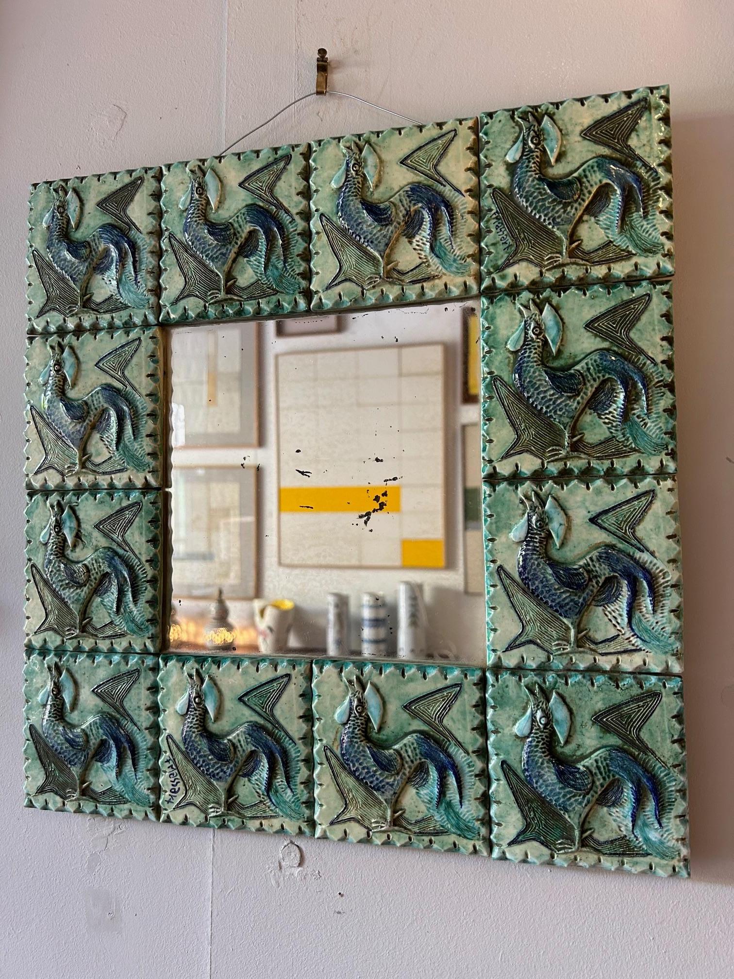French Ceramic mirror Fernande Massart , France, Vallauris, 1960's For Sale