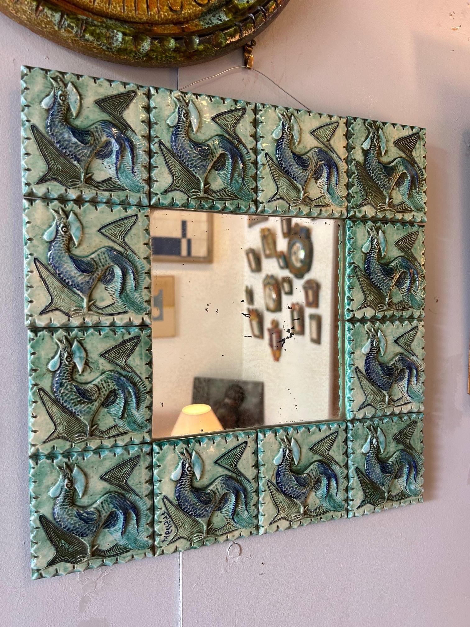 Ceramic mirror Fernande Massart , France, Vallauris, 1960's In Good Condition For Sale In Paris, FR