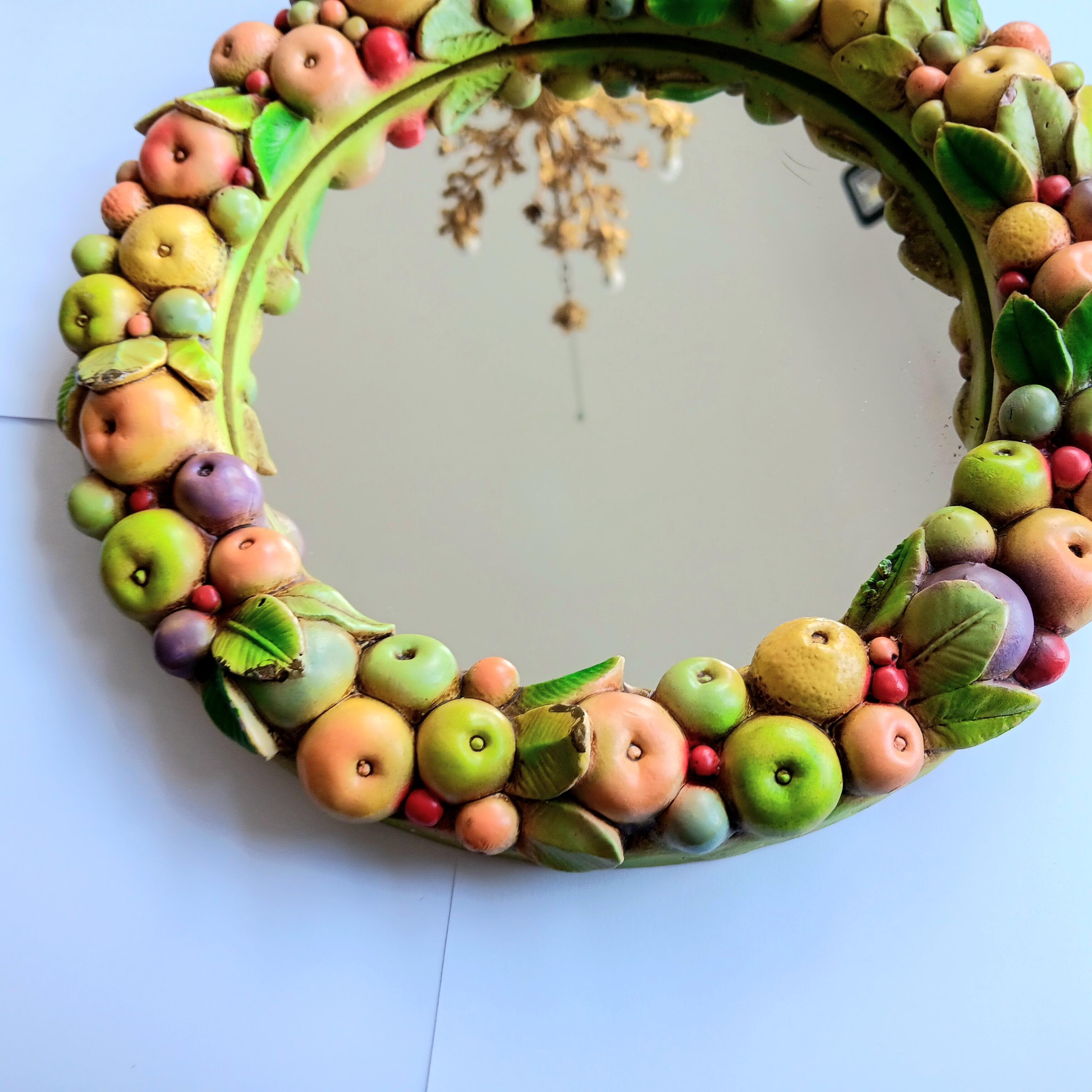 Italian Ceramic Mirror Fruit Wreath with Beautiful Colors, Italy For Sale