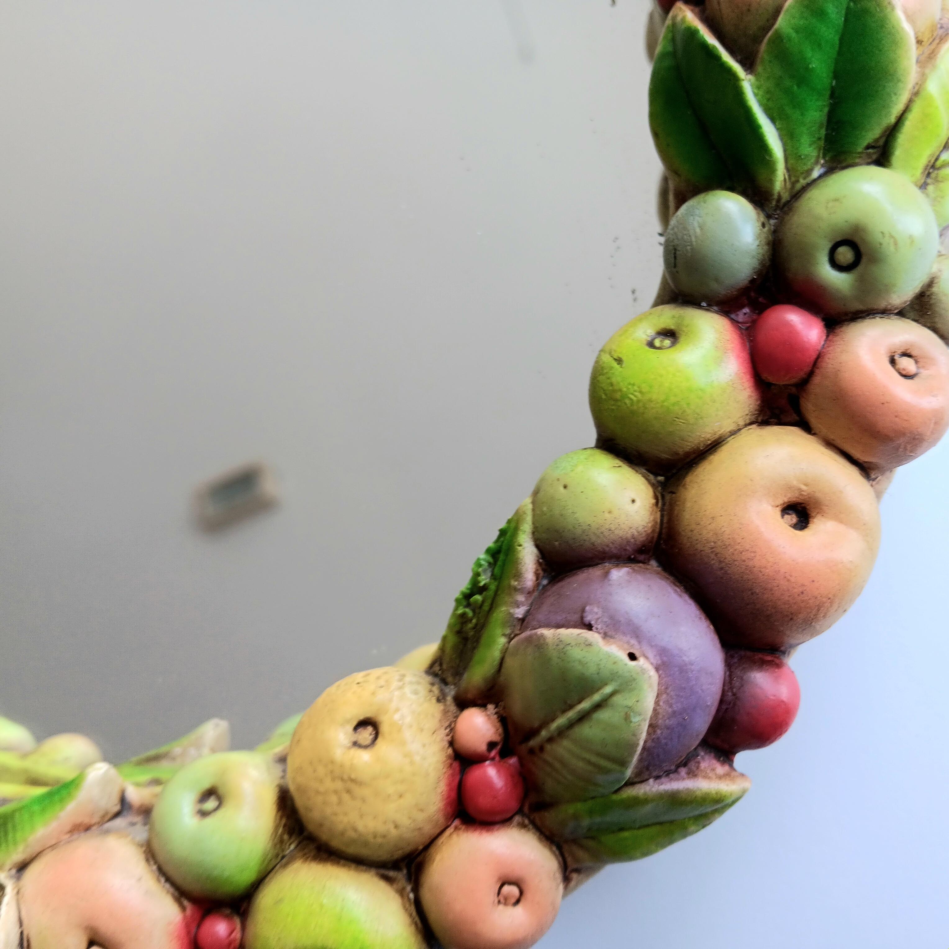 Ceramic Mirror Fruit Wreath with Beautiful Colors, Italy In Excellent Condition For Sale In Mombuey, Zamora