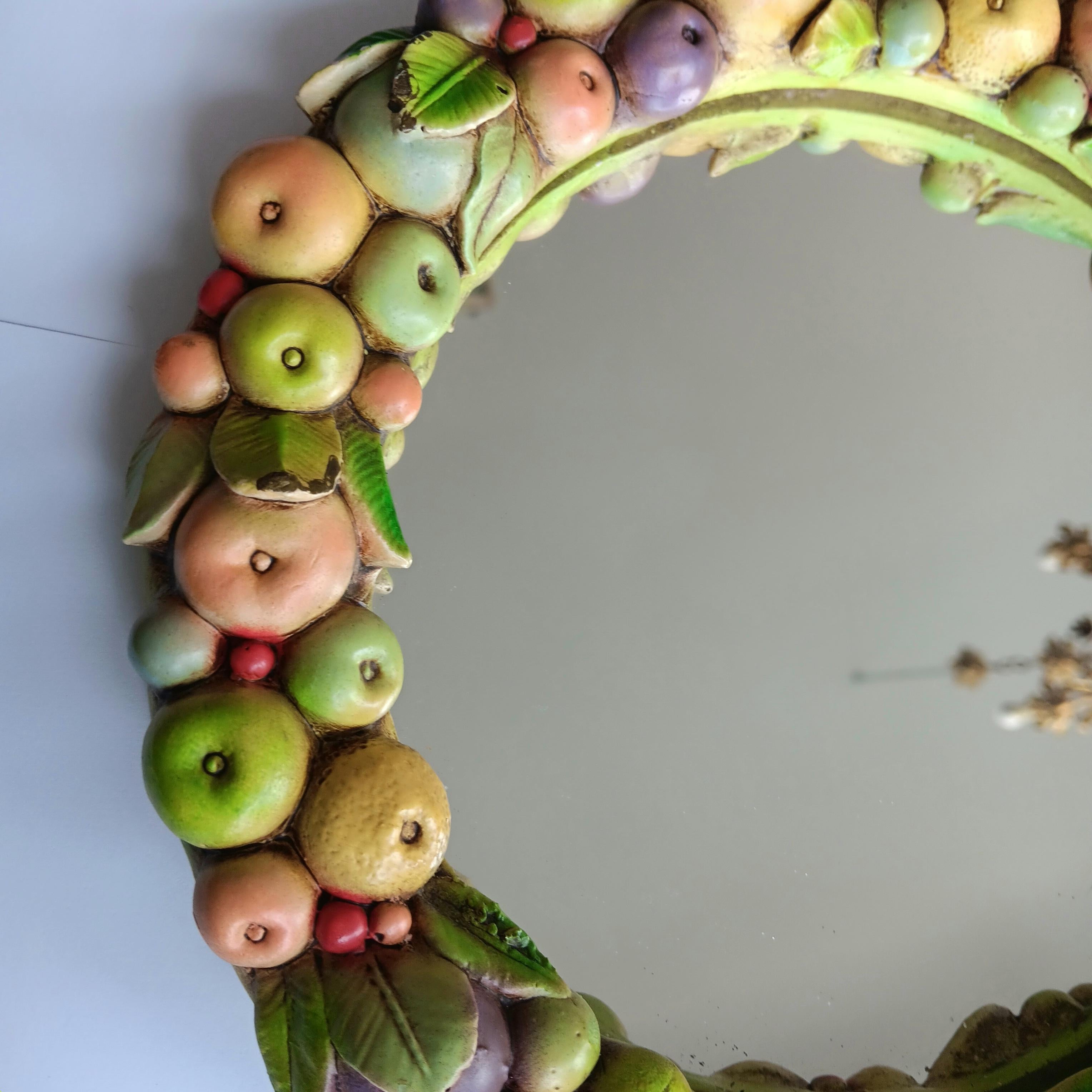 20th Century Ceramic Mirror Fruit Wreath with Beautiful Colors, Italy For Sale