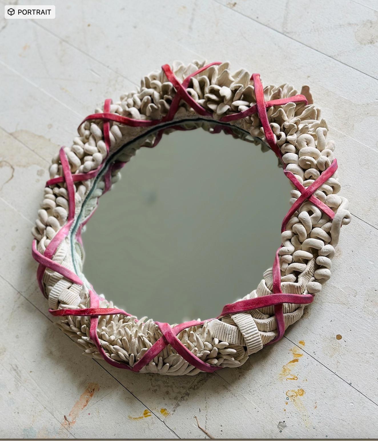 American Ceramic Mirror in Cream and Pink For Sale