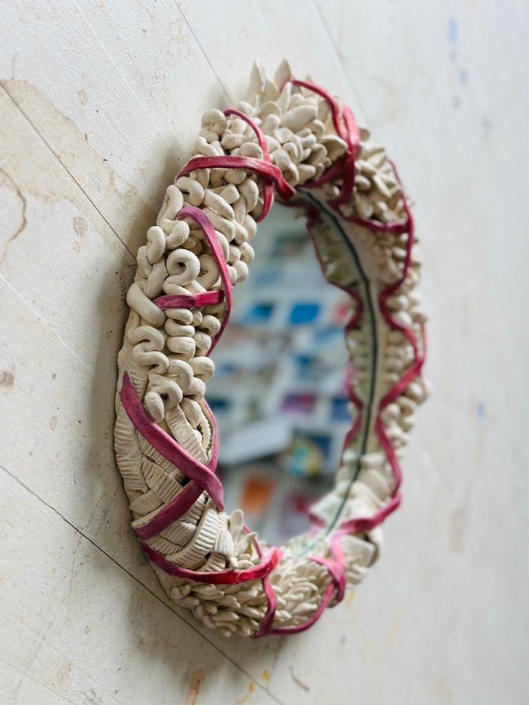 Ceramic Mirror in Cream and Pink For Sale 1