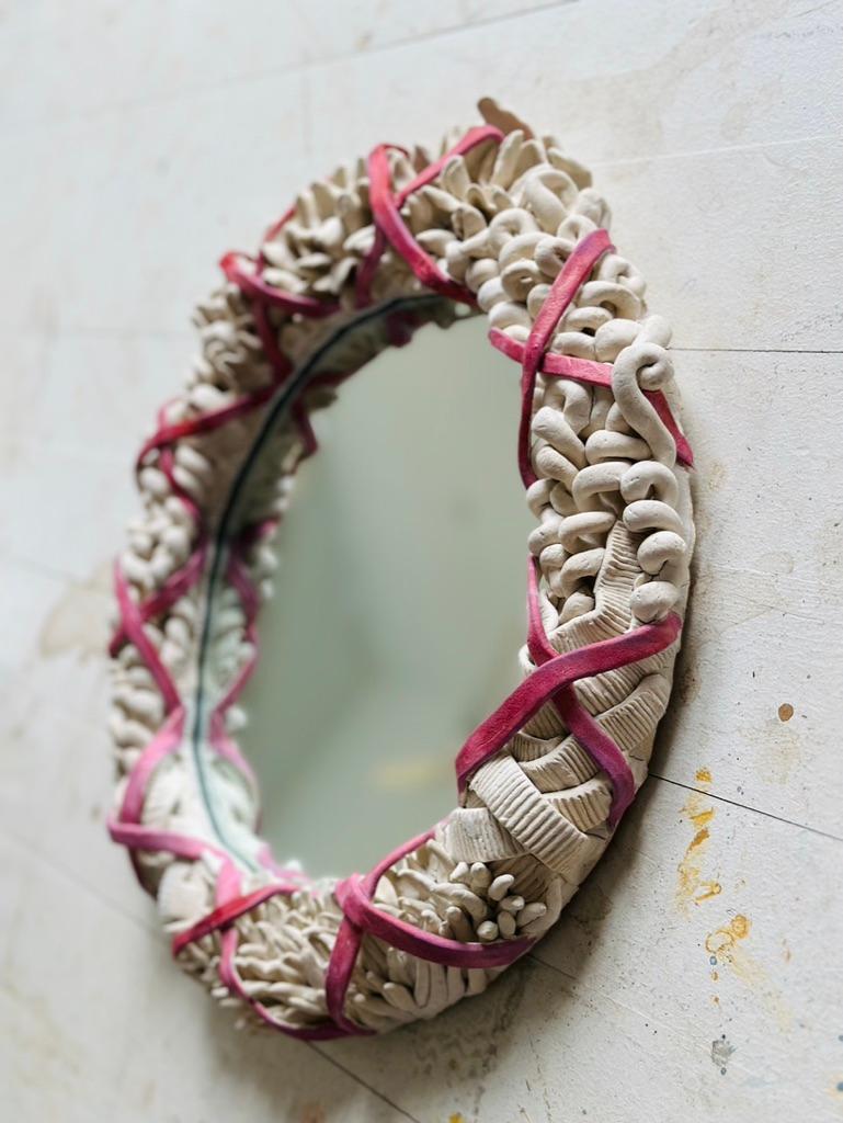 Ceramic Mirror in Cream and Pink For Sale 3