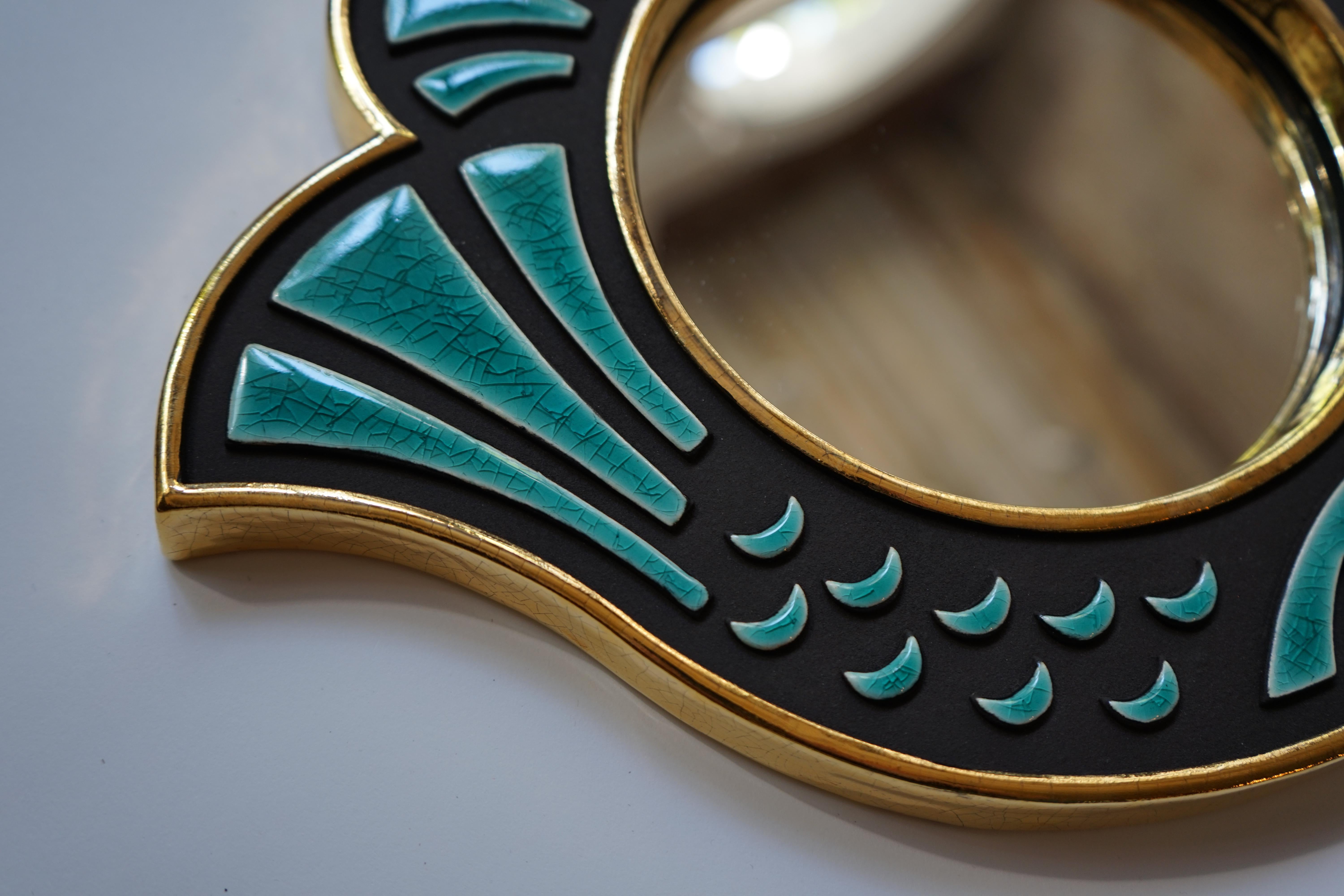 Doré Miroir en céramique - Poulette  Turquoise en vente