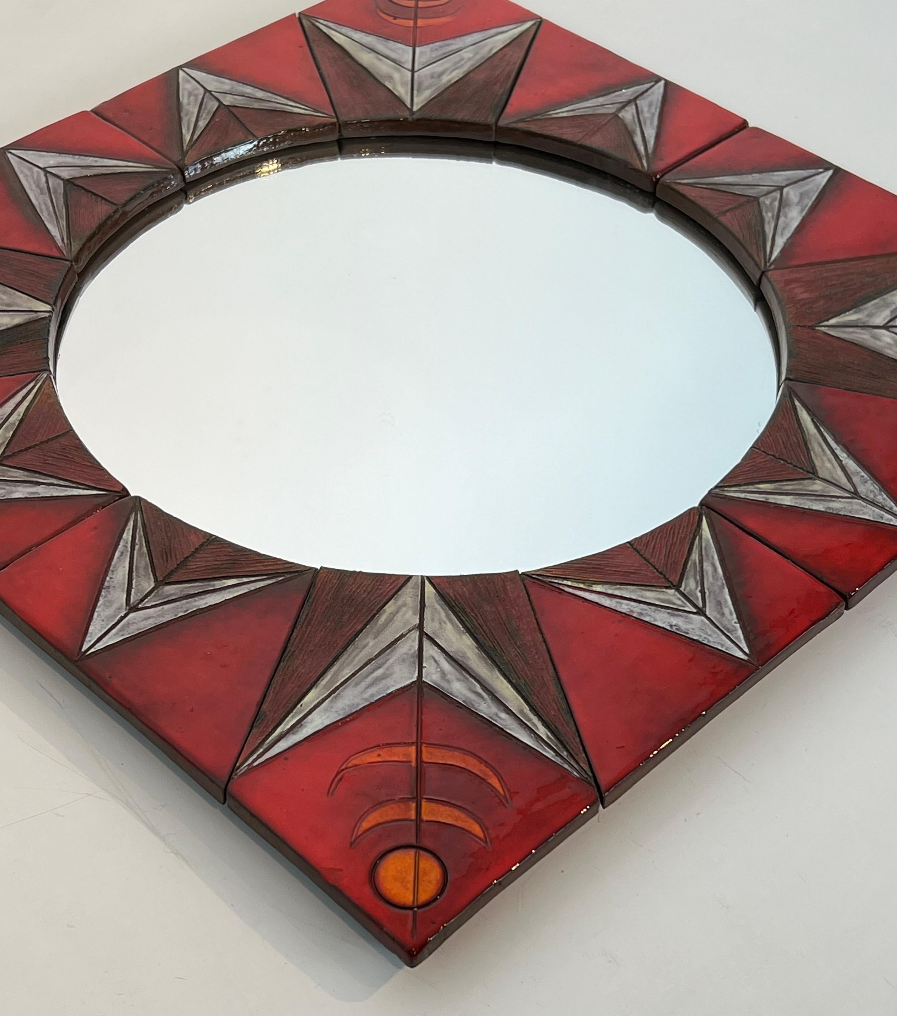 Mid-Century Modern Ceramic Mirror Representing a Stylized Sun Attributed to Oswald Tiberghien For Sale