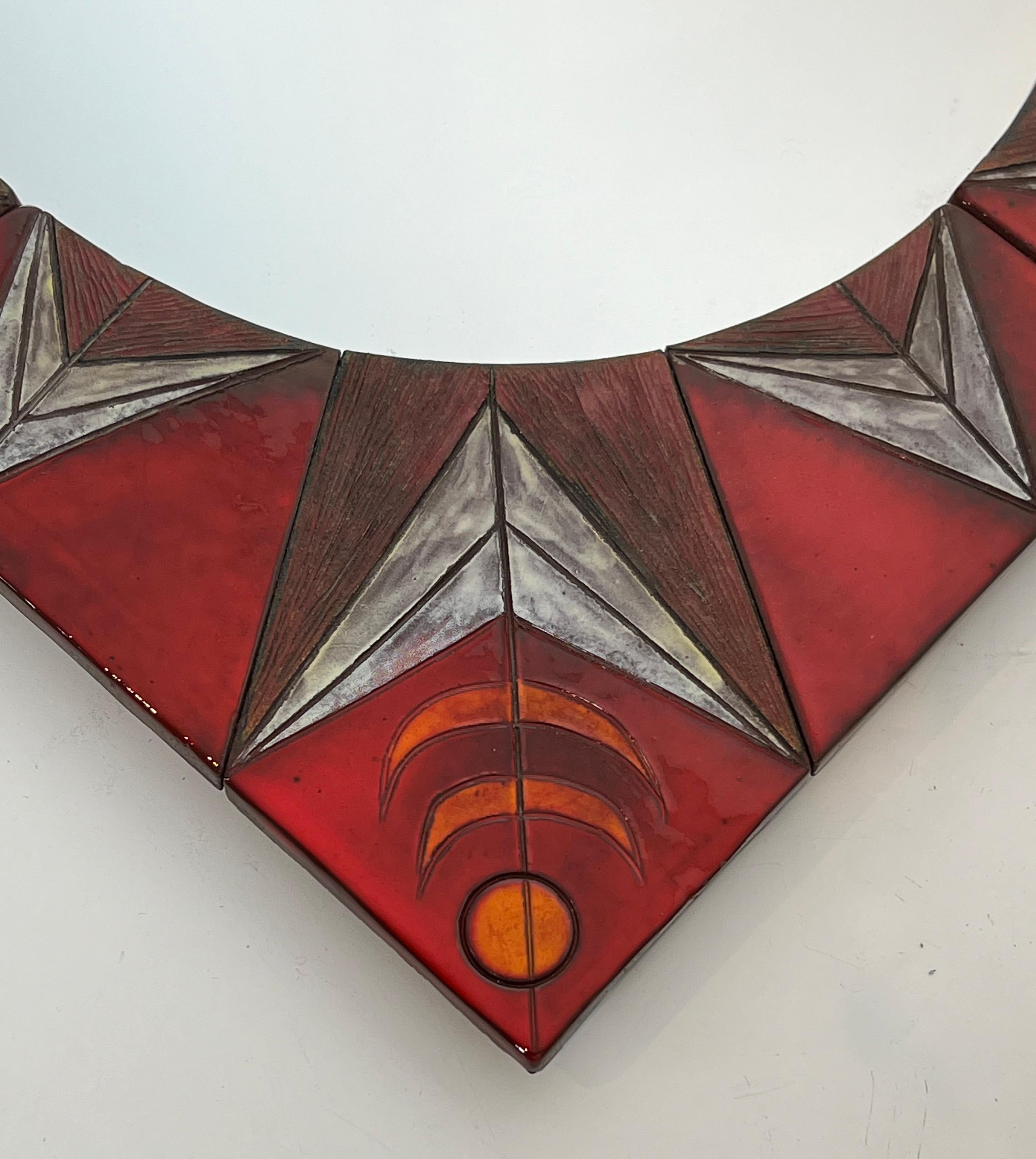 Belgian Ceramic Mirror Representing a Stylized Sun Attributed to Oswald Tiberghien For Sale