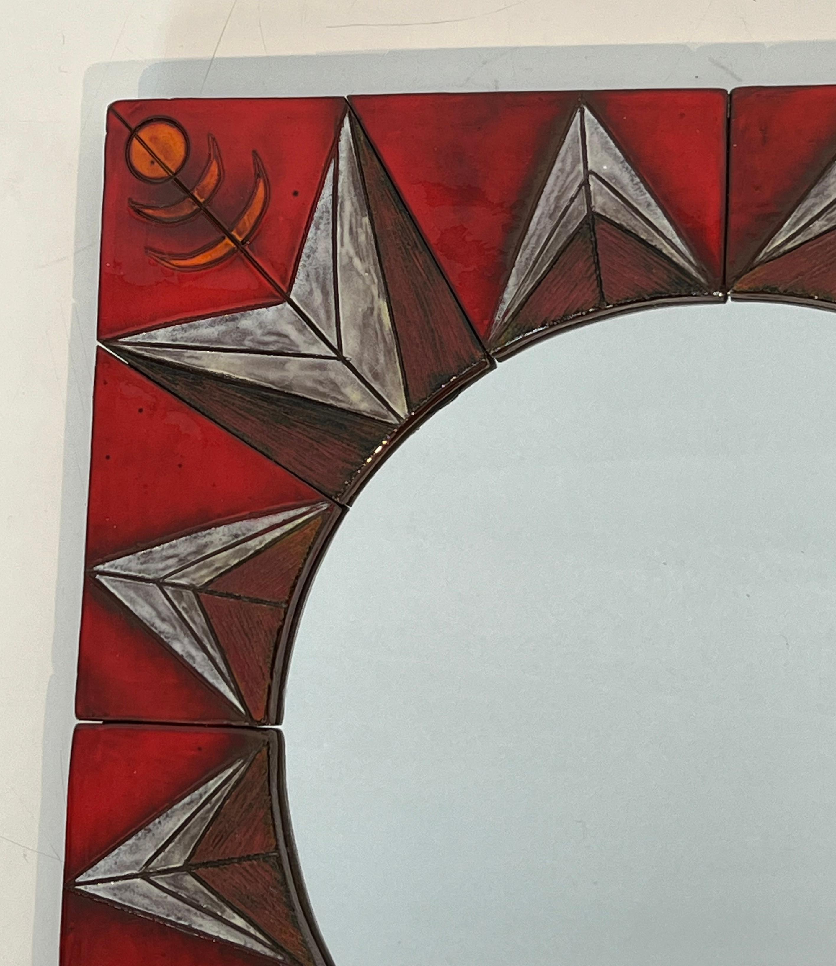 Late 20th Century Ceramic Mirror Representing a Stylized Sun Attributed to Oswald Tiberghien For Sale