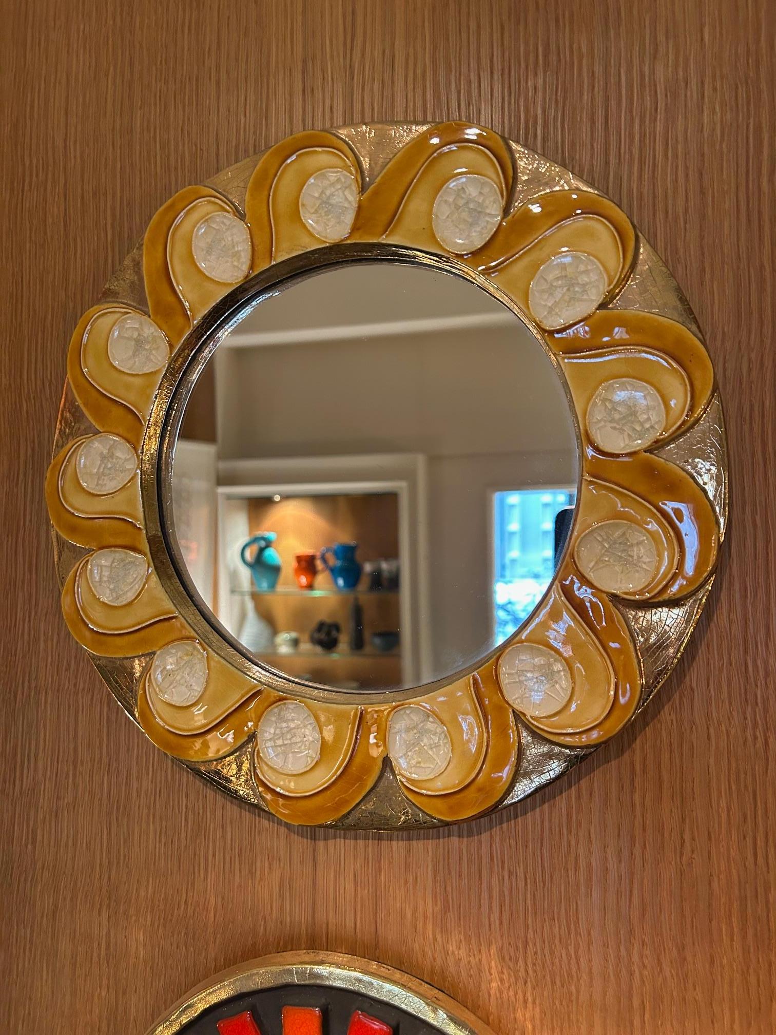 Miroir en céramique de Mithé Espelt, vague décor, France, années 1970