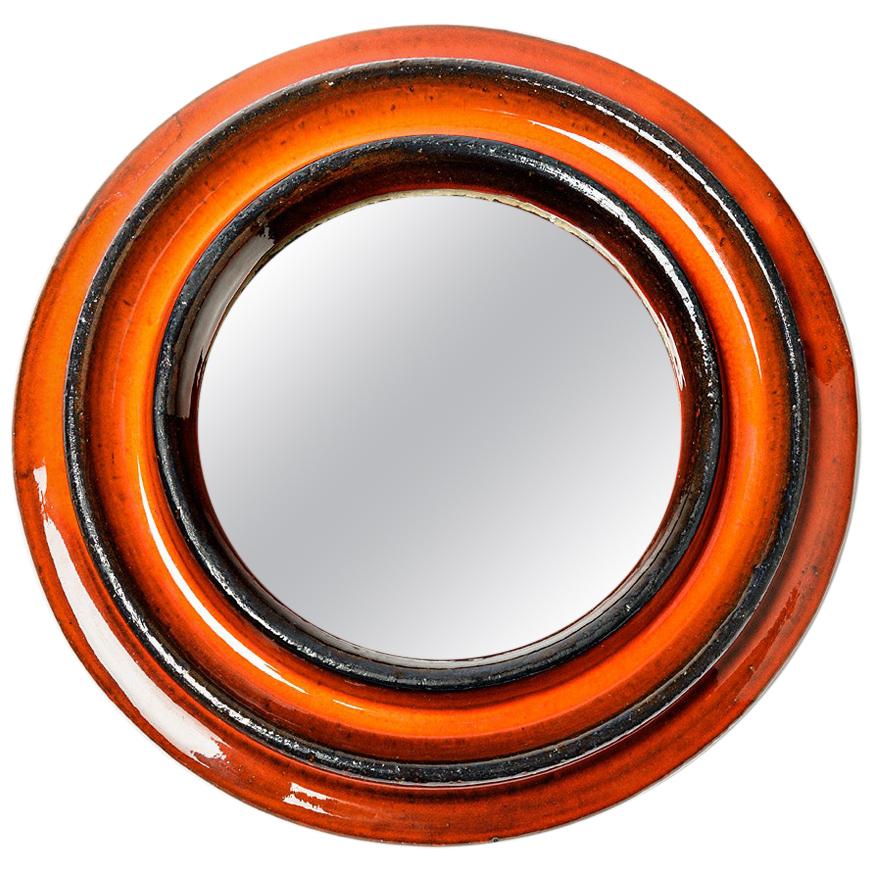 Ceramic Mirror with Red Glaze Decoration by Gerard Hofmann, Vallauris, 1970 For Sale