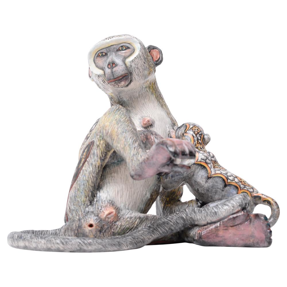 Modern Ceramic Monkey And Baby Sculpture, Hand  made in South Africa For Sale