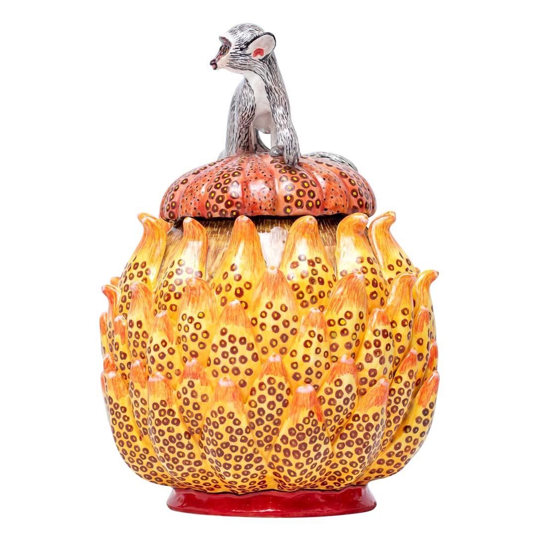 Protea, Monkey Jewelry Box
Hand-Painted by Slindelo Mazibuko, Sculpted by Motsamai Sello
Love Art Ceramic, South Africa, 2024

Introducing the Protea, Monkey Jewelry Box, a captivating ceramic artwork that beautifully blends the vibrant essence of