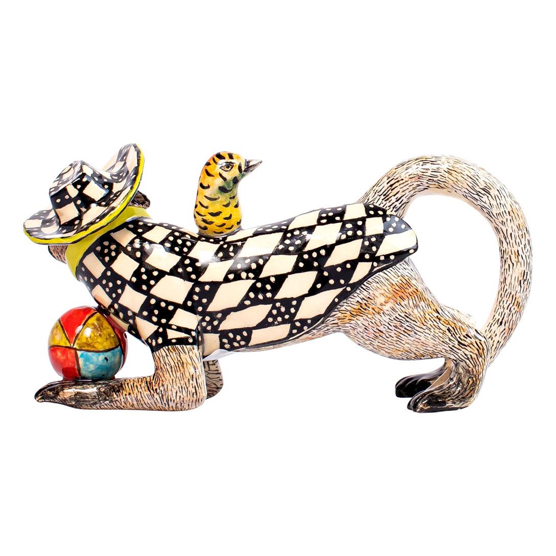 Modern Ceramic  Monkey With Bird Sculpture, Hand  made in South Africa