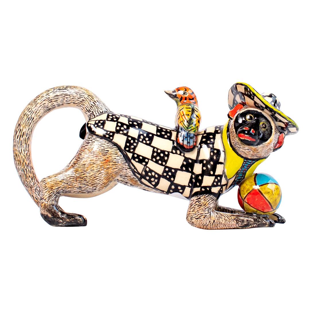 Hand-Painted Ceramic  Monkey With Bird Sculpture, Hand  made in South Africa