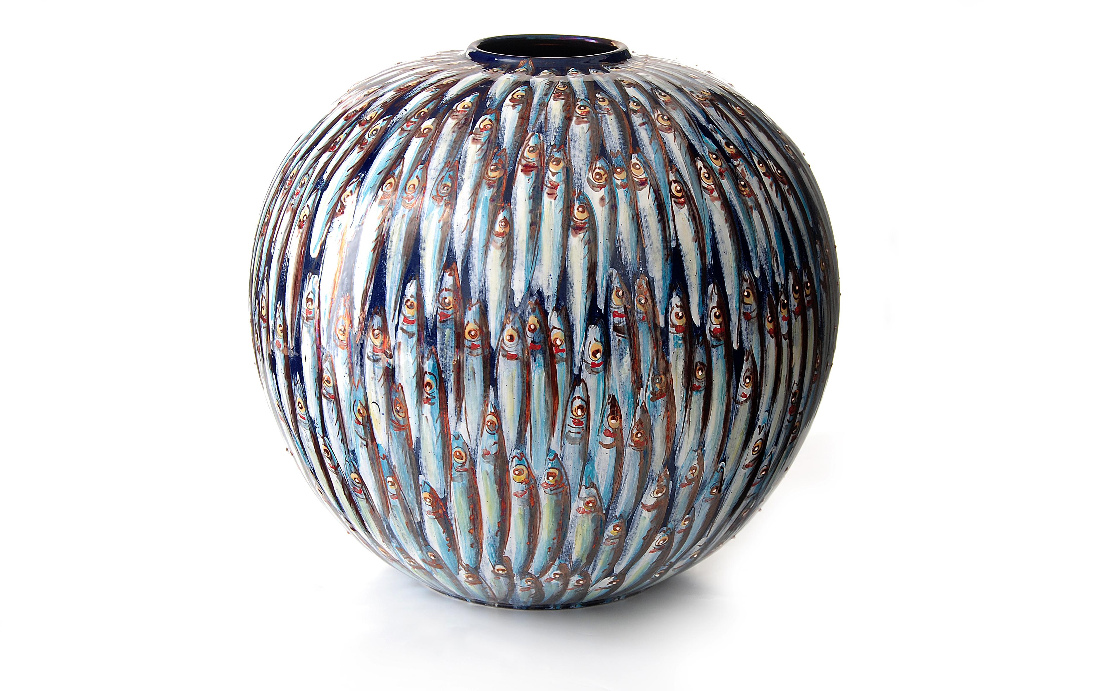 Mediterranea moon jar, 2020, full-fire reduction faience earthenware 30 cm diameter, hand painted unique piece.
Available 30cm and 25cm diameter: the price of this items refers to the 30cm one. 

Bottega Vignoli is a brand of artistic ceramics