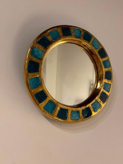 Ceramic Mosaic-Style Mirror in Gold and Turquoise by Mithé Espelt, c. 1970