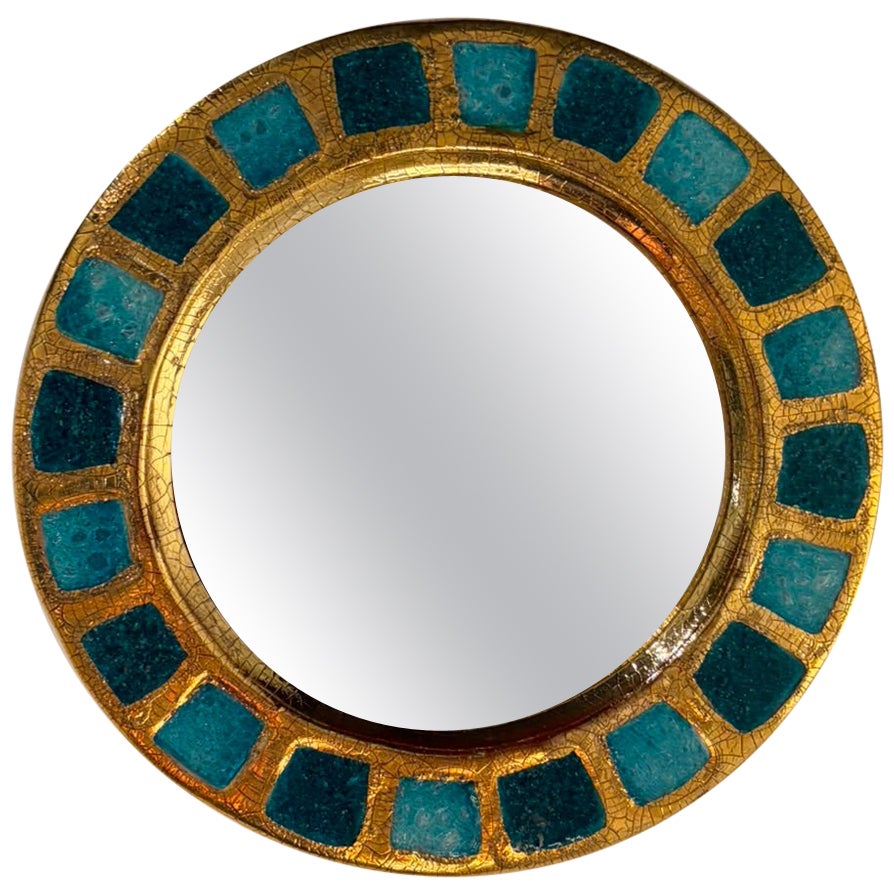 Miroir en céramique de style mosaïque, doré et turquoise, par Mithé Espelt, vers 1970