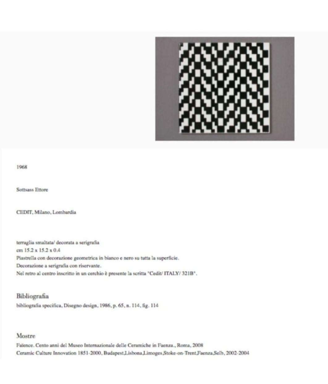 Baldosa óptica de cerámica diseñada por Ettore Sottsass para Cedit Ceramiche, 1968 en Bueno estado para la venta en taranto, IT