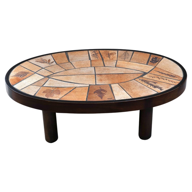 Table Basse Vintage Raymonde LEDUC - Céramique Herbier Vallauris - Années 1960 - Ronde