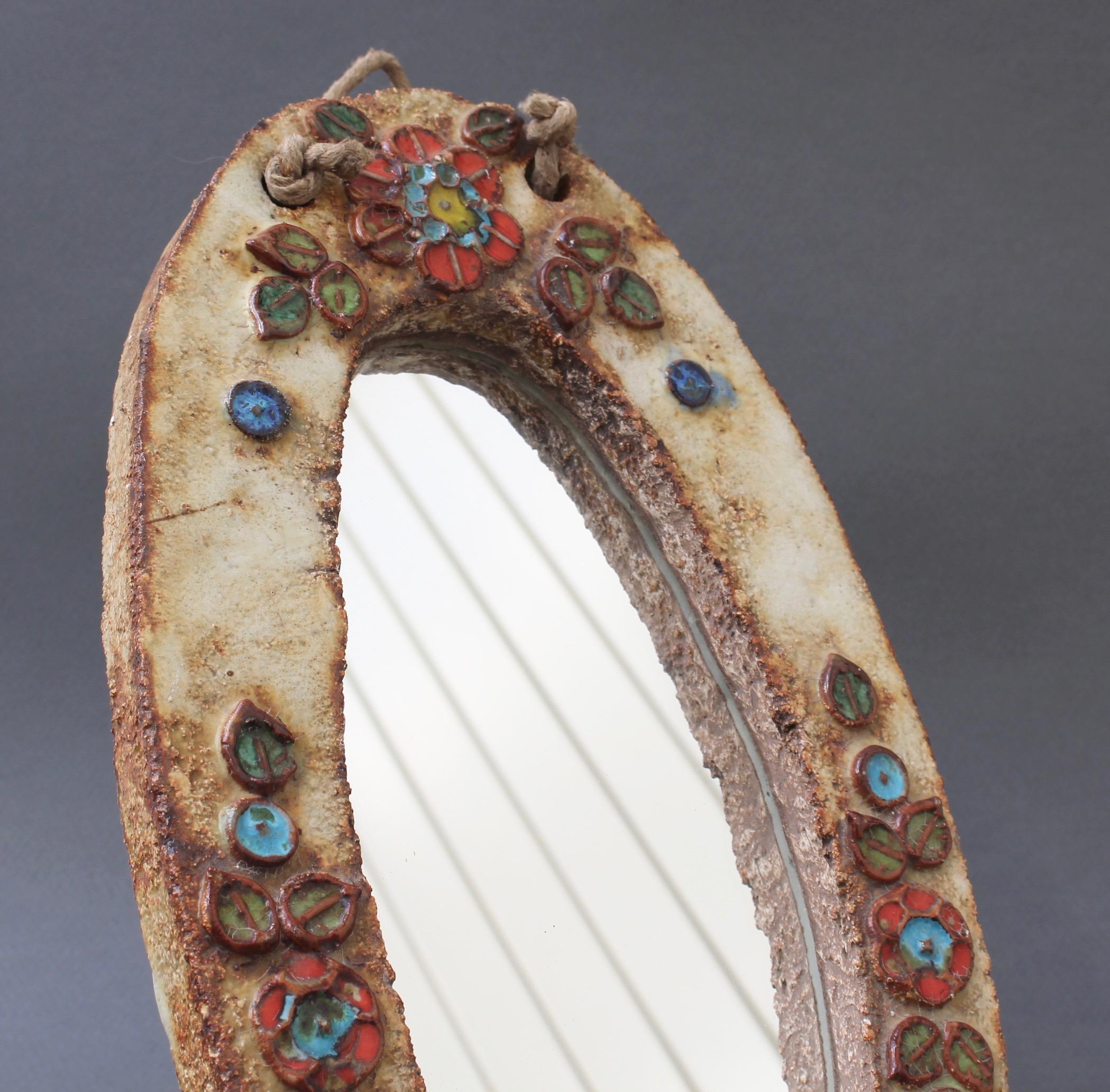 Ceramic Oval Wall Mirror with Floral Enamel Decoration by Atelier La Roue 5