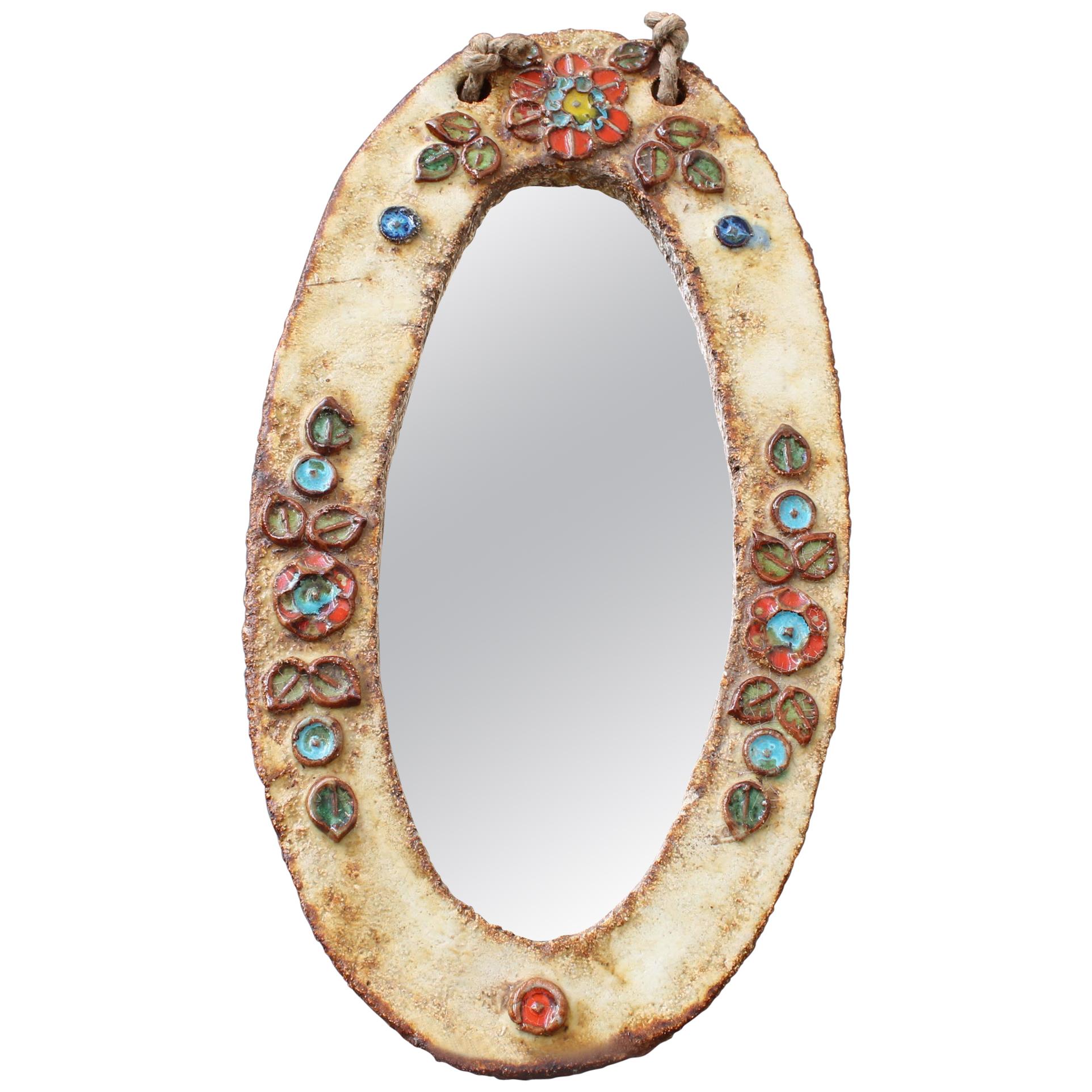 Ceramic Oval Wall Mirror with Floral Enamel Decoration by Atelier La Roue