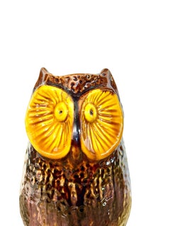 Pichet à hibou en céramique, majolique à glaçure brune, France c.1960