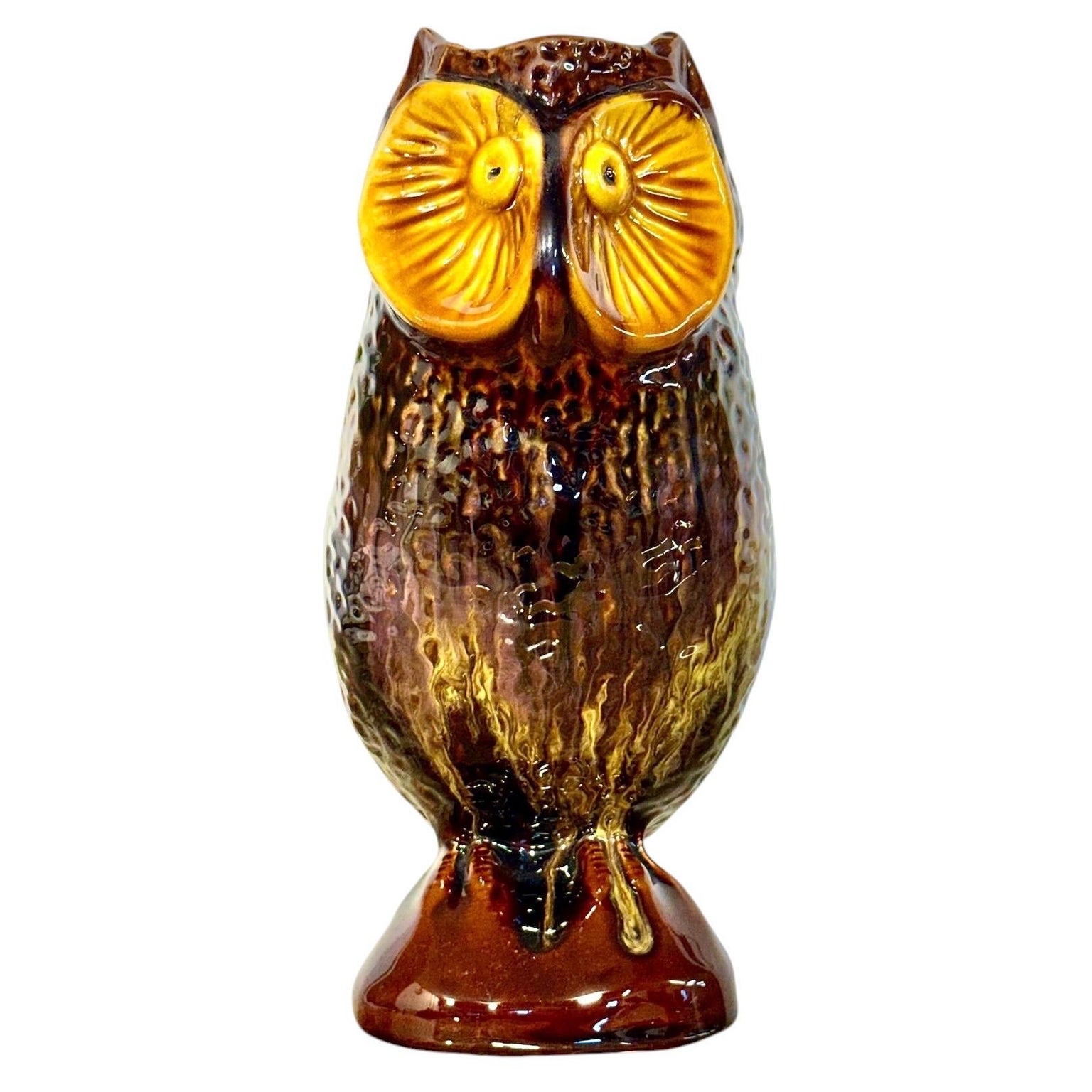 Ceramic Owl Pitcher, Brown Glazed Majolica, France c.1960 For Sale