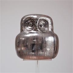 Ceramic Owl Sculpture in Silver Glaze by Aldo Londi for Bitossi, 1960s Italy