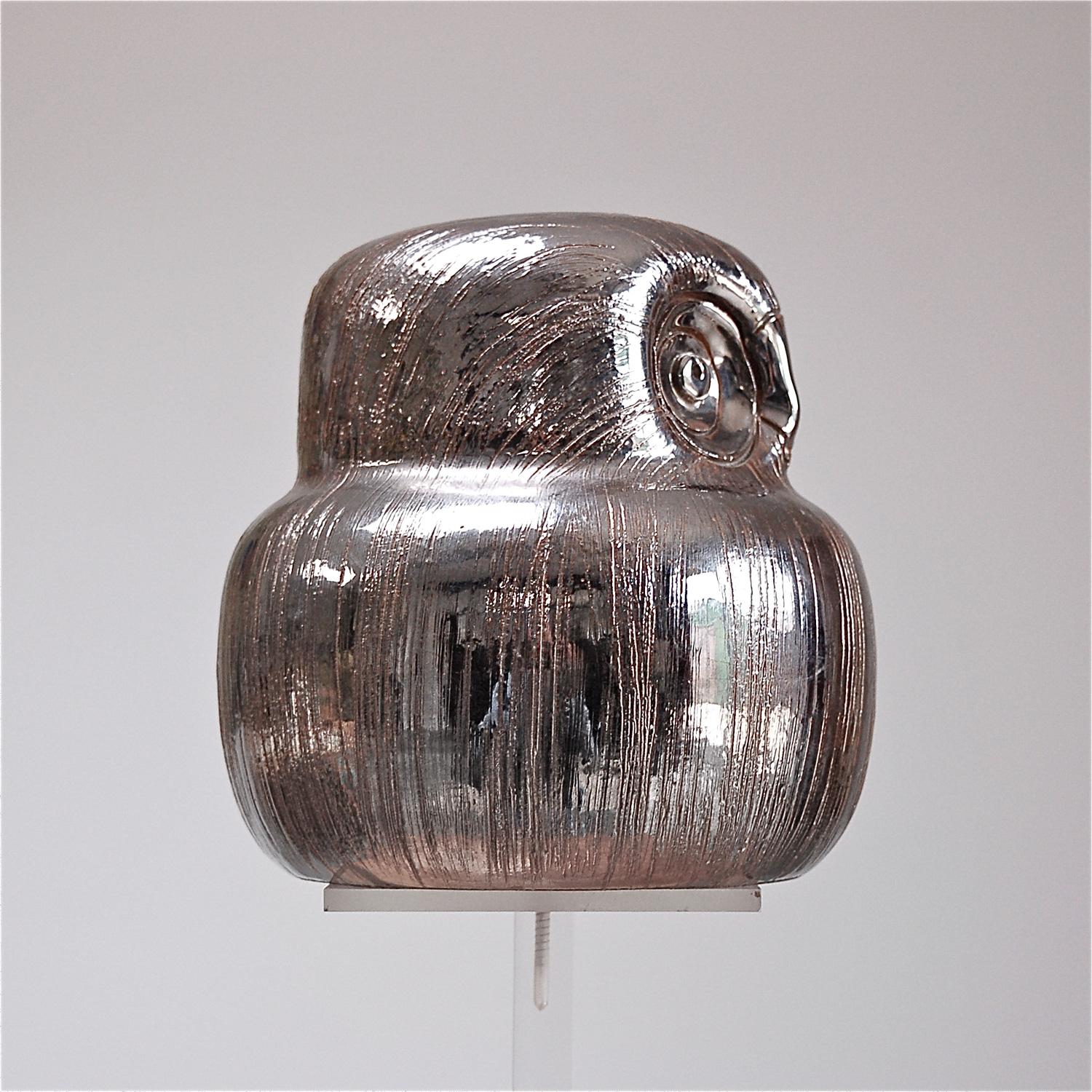 Mid-Century Modern Ceramic Owl Sculpture in Silver Glaze by Aldo Londi for Bitossi, 1960s Italy For Sale