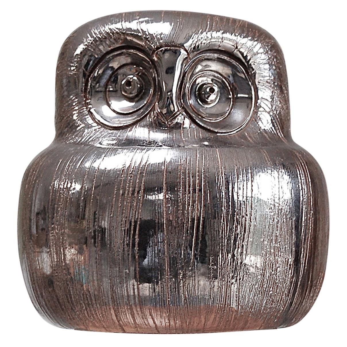 Ceramic Owl Sculpture in Silver Glaze by Aldo Londi for Bitossi, 1960s Italy For Sale