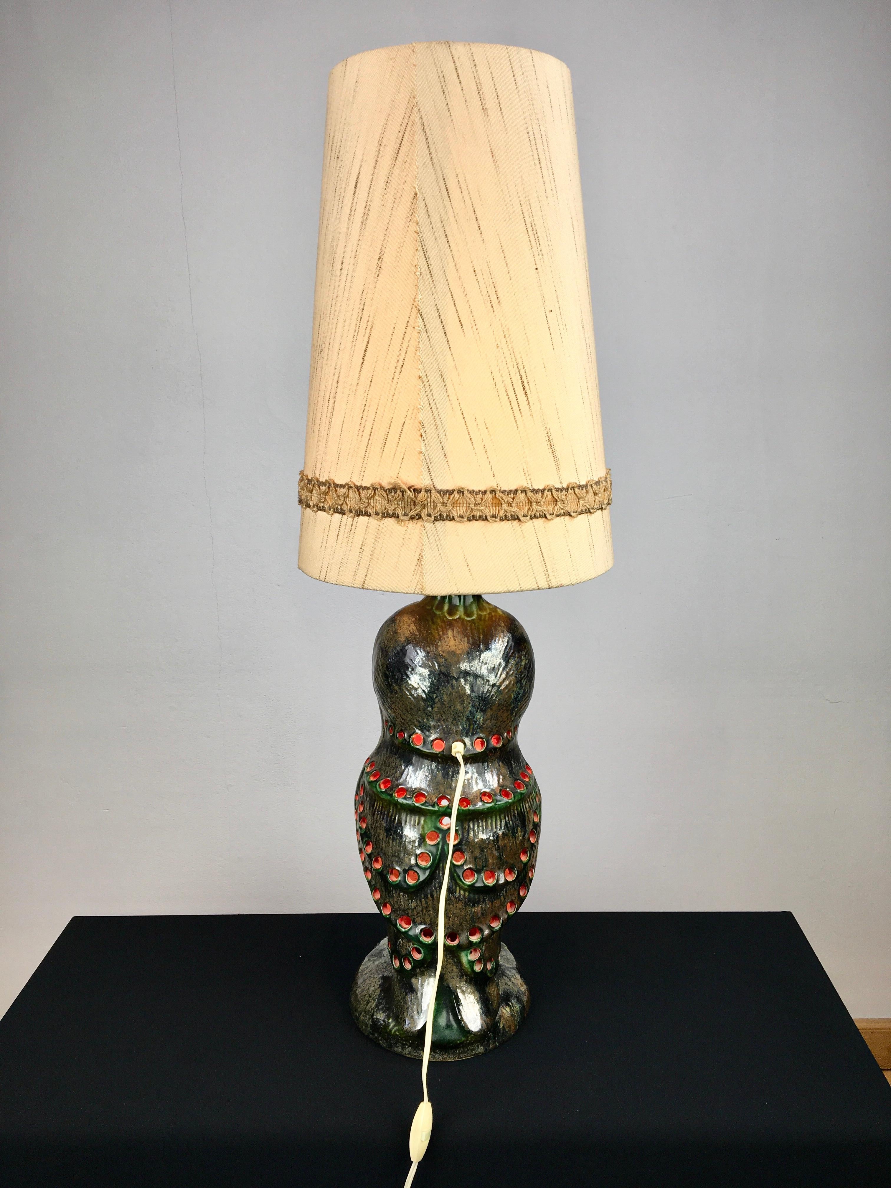 Ceramic Owl Table Lamp with Original Shade, Germany, 1970s 2