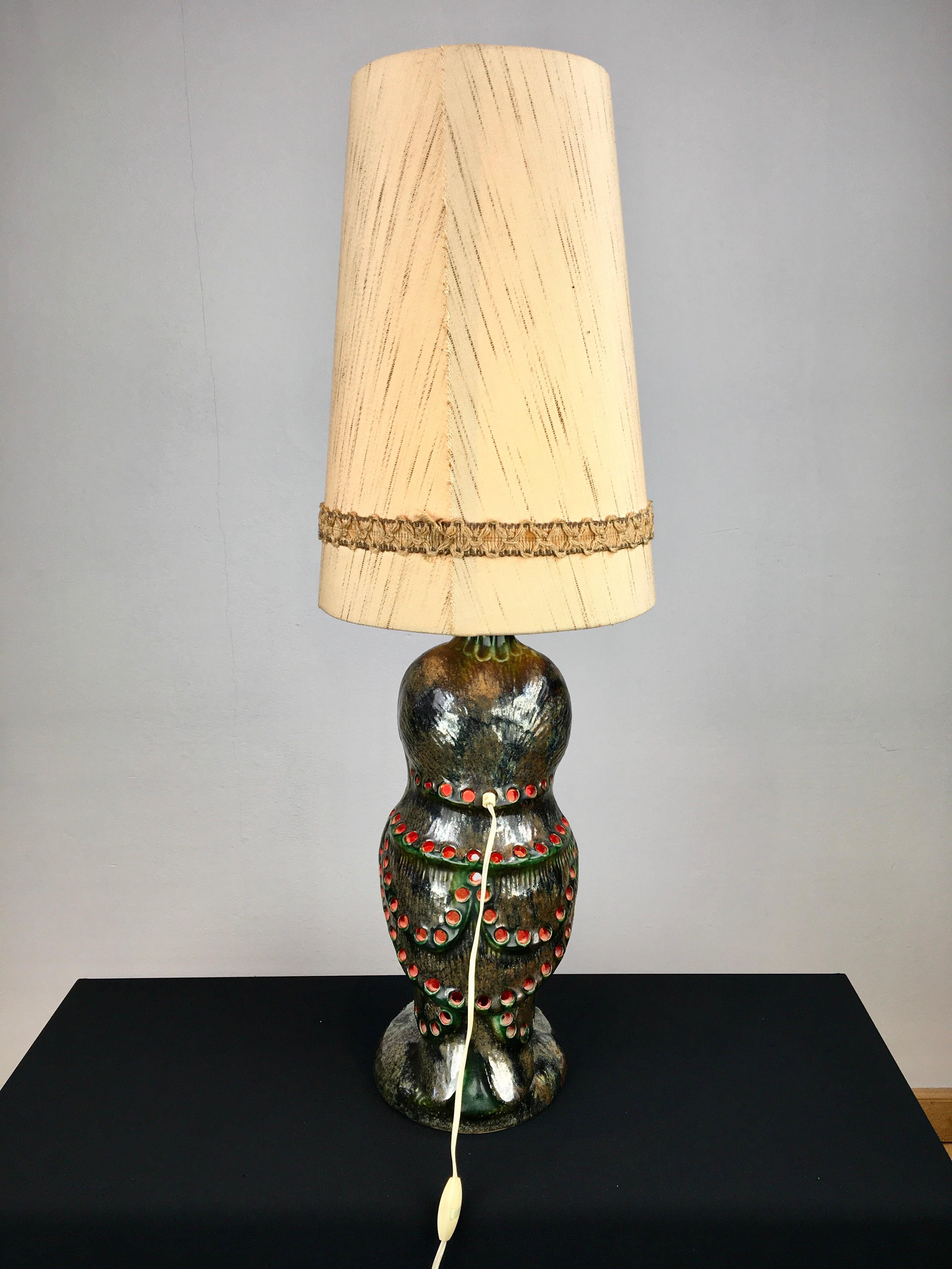 Lampada da tavolo a gufo in ceramica con paralume originale, Germania, anni '70 3