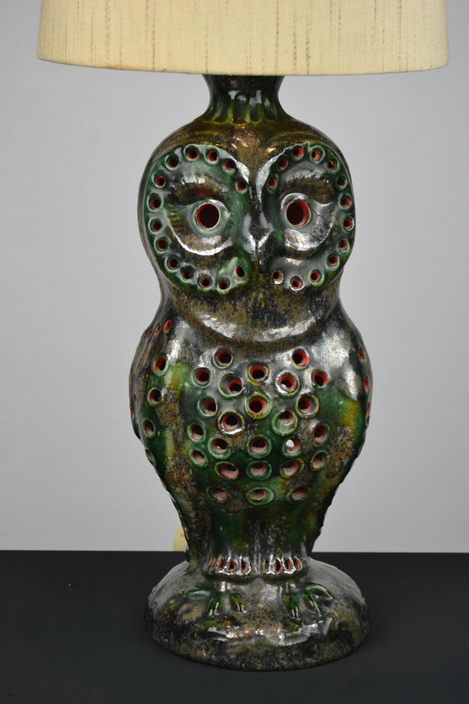 Brutalist Ceramic Owl Table Lamp with Original Shade, Germany, 1970s