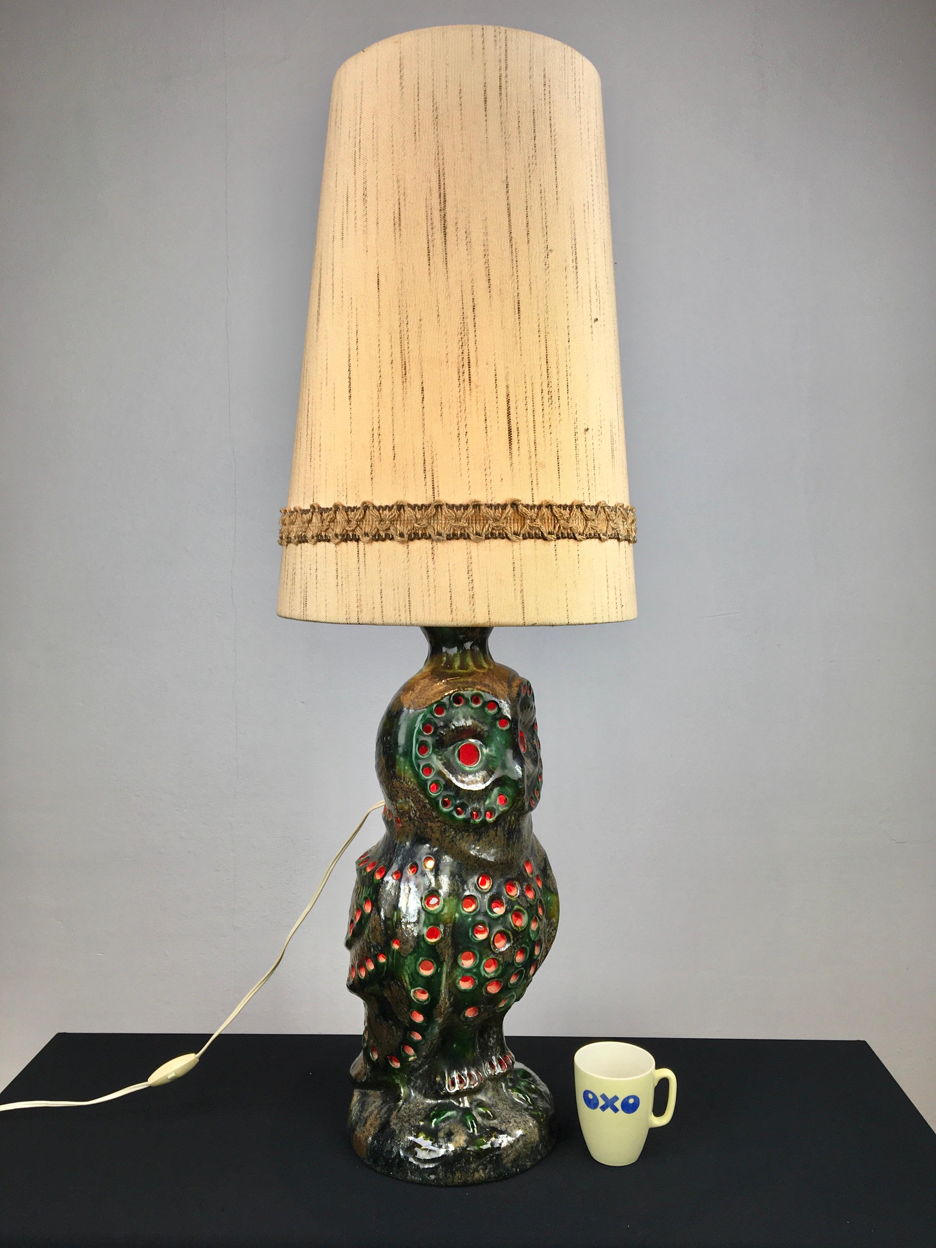 Ceramic Owl Table Lamp with Original Shade, Germany, 1970s In Good Condition In Antwerp, BE