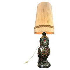 Lampada da tavolo a gufo in ceramica con paralume originale, Germania, anni '70