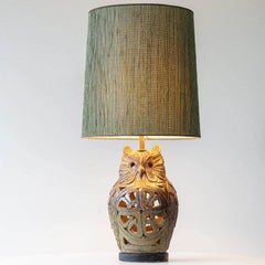 Ceramic Owl Table Lamps, Custom Green Lampshades by René Houben, 1970