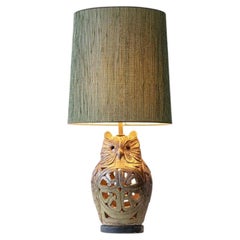 Ceramic Owl Table Lamps, Custom Green Lampshades by René Houben, 1970