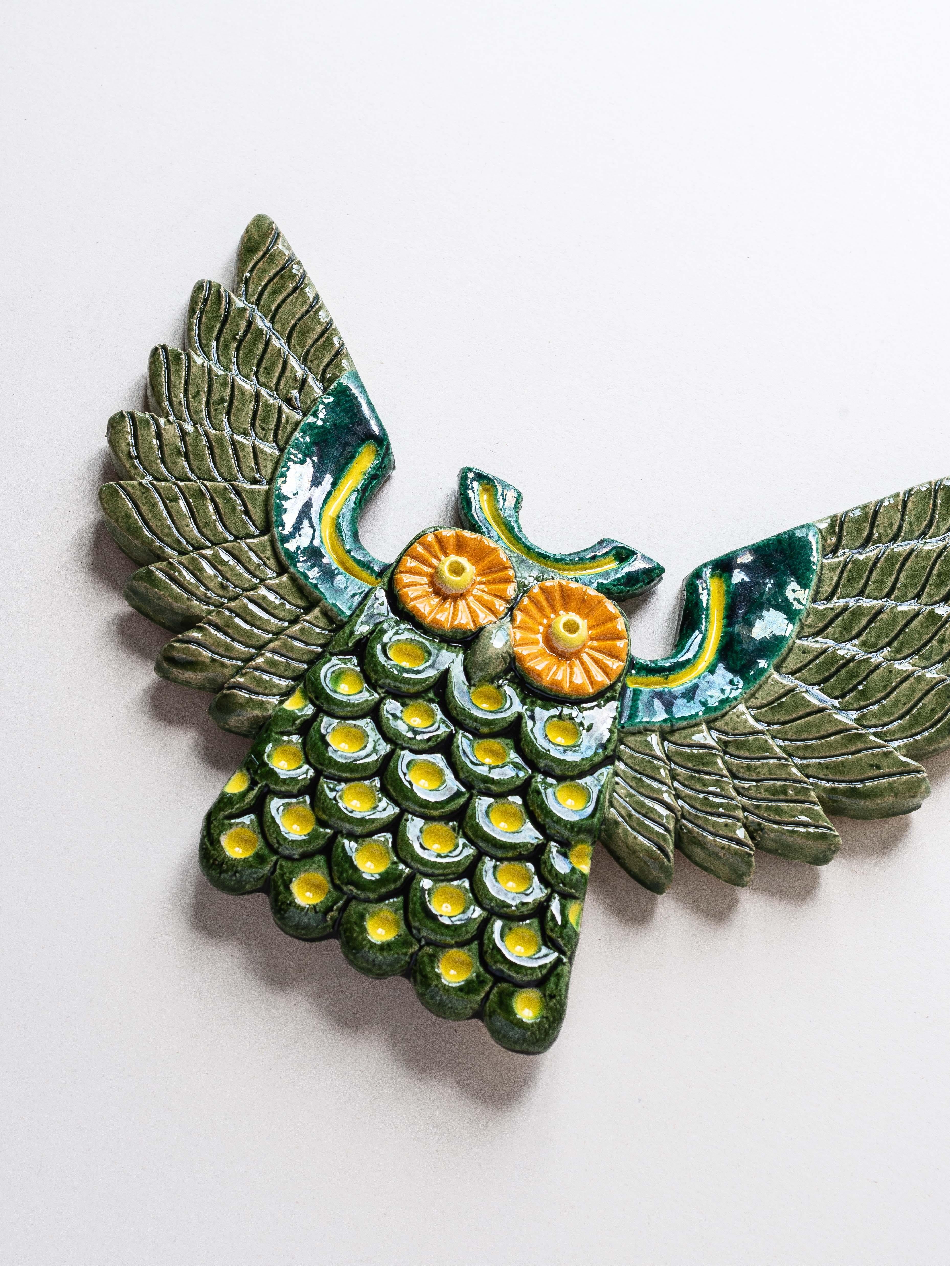 French Ceramic Owl Wall-Mounted Sculpture, Mid-Century Modern from France