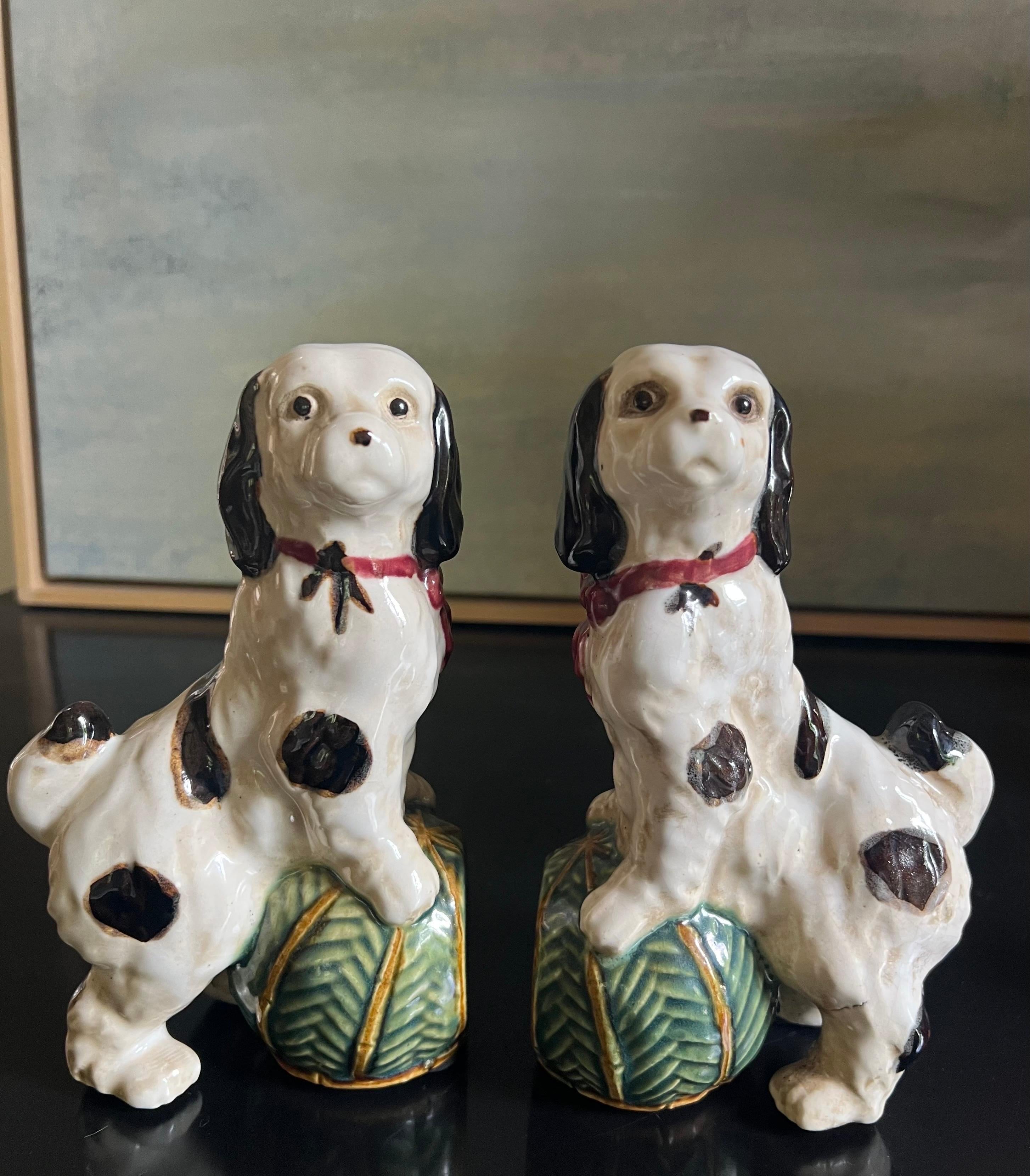 Victorian Ceramic Painted English Cavalier Dog Bookends - a Pair, C. 1940s