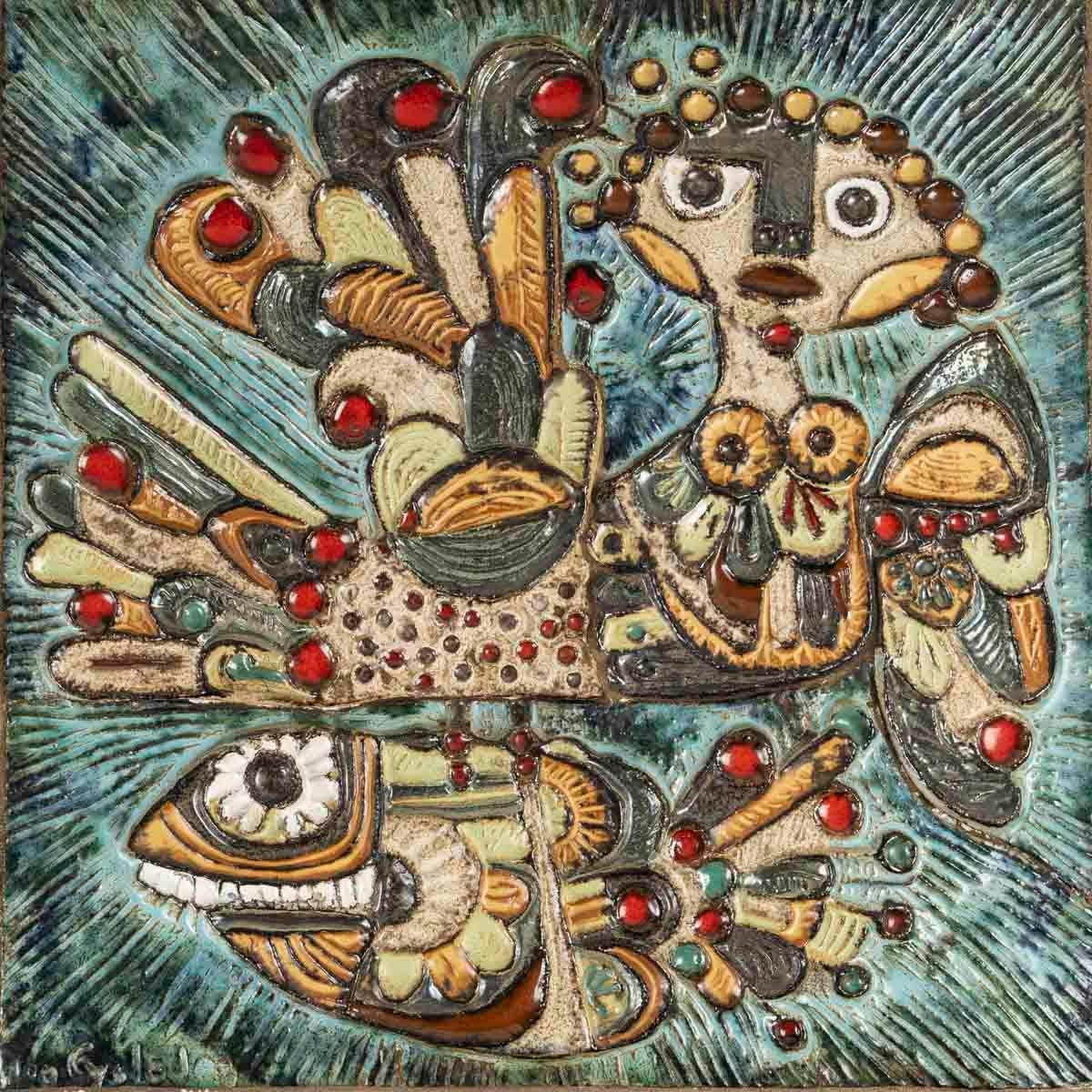 Pintura en cerámica de Roland Zobel, hacia 1960-1970.

Cuadro de cerámica de Roland Zobel, marco de madera, diseño de 1960-1970.
Armazón: Alto: 60 cm, Ancho: 69 cm, Fondo: 4 cm
Cerámica: Alto: 44,5 cm, Ancho: 44,5 cm
