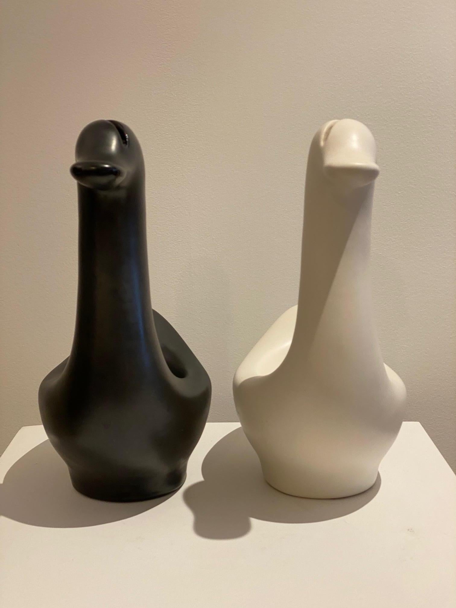 Ceramic Pair of Black and White Swans by André Baud, Vallauris, 1950s In Good Condition For Sale In Paris, FR