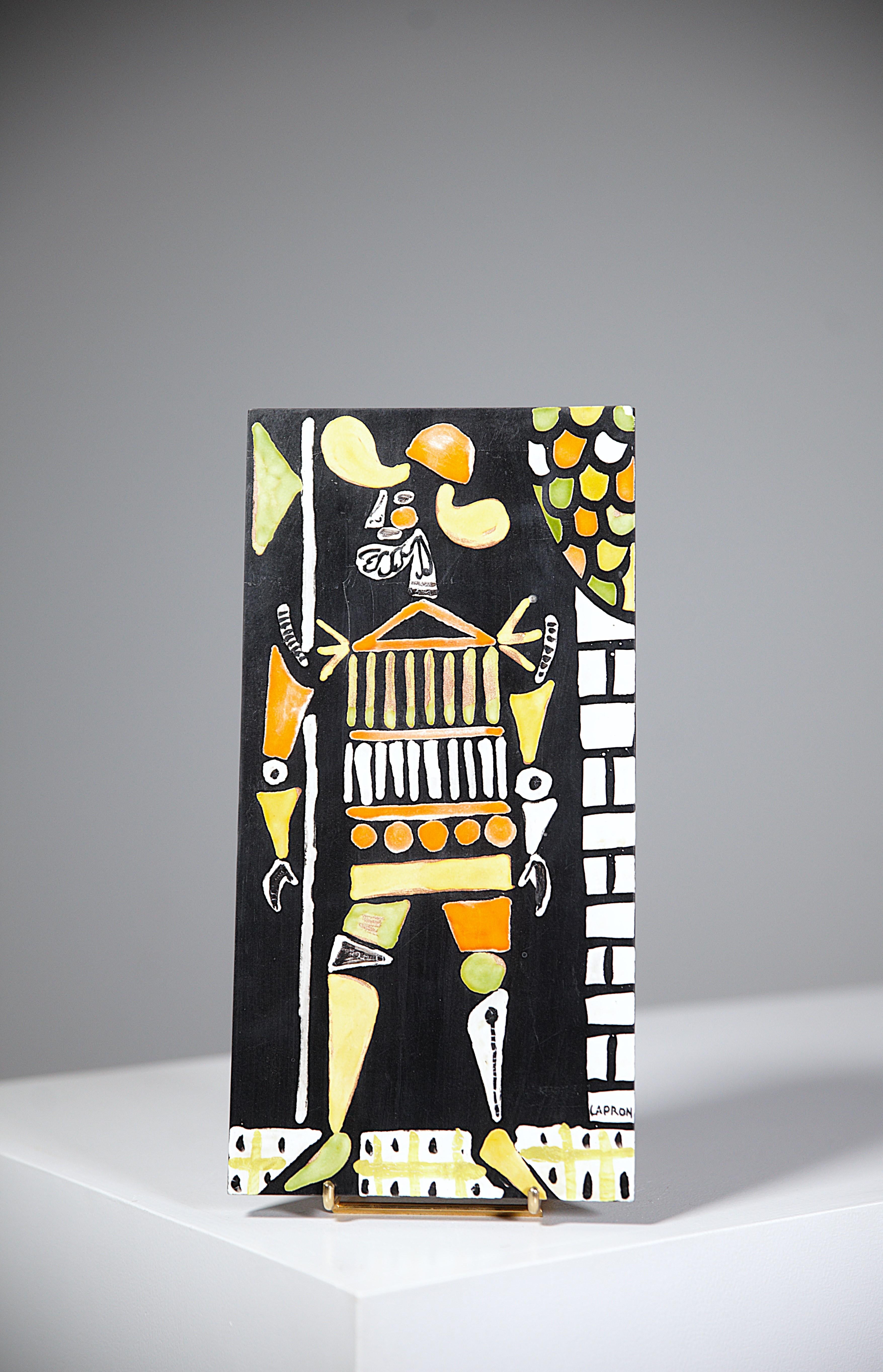 A ceramic panel by Roger Capron Vallauris France 1960s

Nice drawing.

Hand painted and enameled.

Report : a small chip in a corner ( please check the pictures ).