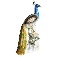 Ceramic Peacock Bird Sculpture with Flowers in Blue, Yellow and Green
