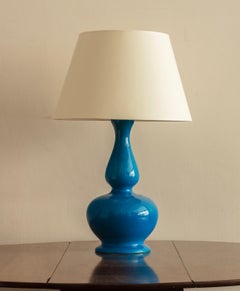 Ceramic Peacock Blue Crackle Glazed Table Lamp, French, 1950s