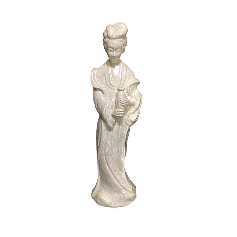 Ceramic Pearlized Glaze Chinoiserie Statues, a Set of 2 For Sale 1