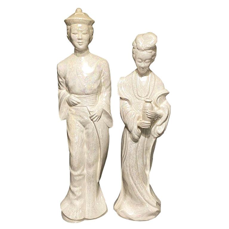 Ceramic Pearlized Glaze Chinoiserie Statues, a Set of 2
