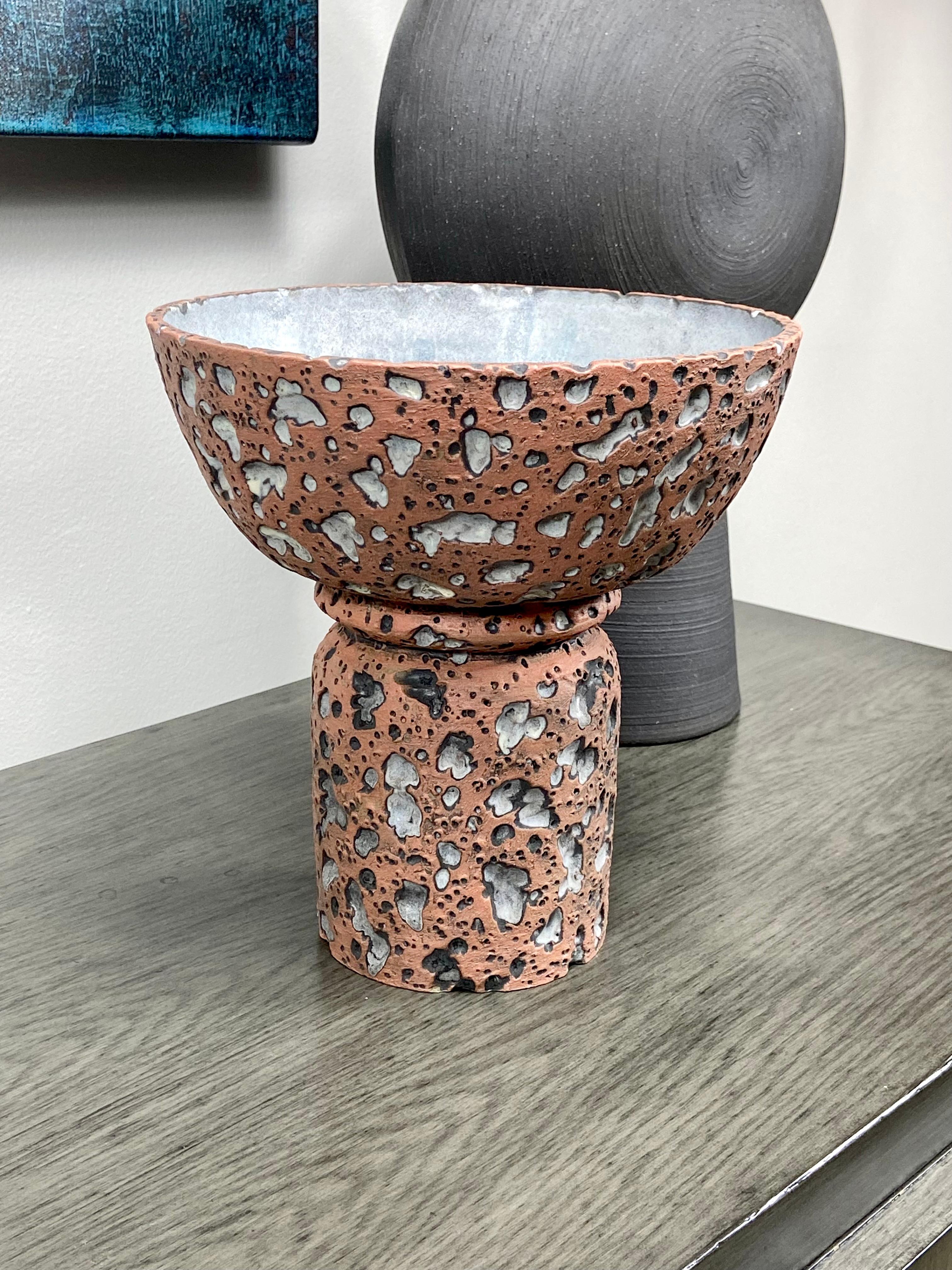 Hand-Carved Ceramic Pedestal Bowl by LGS Studio For Sale