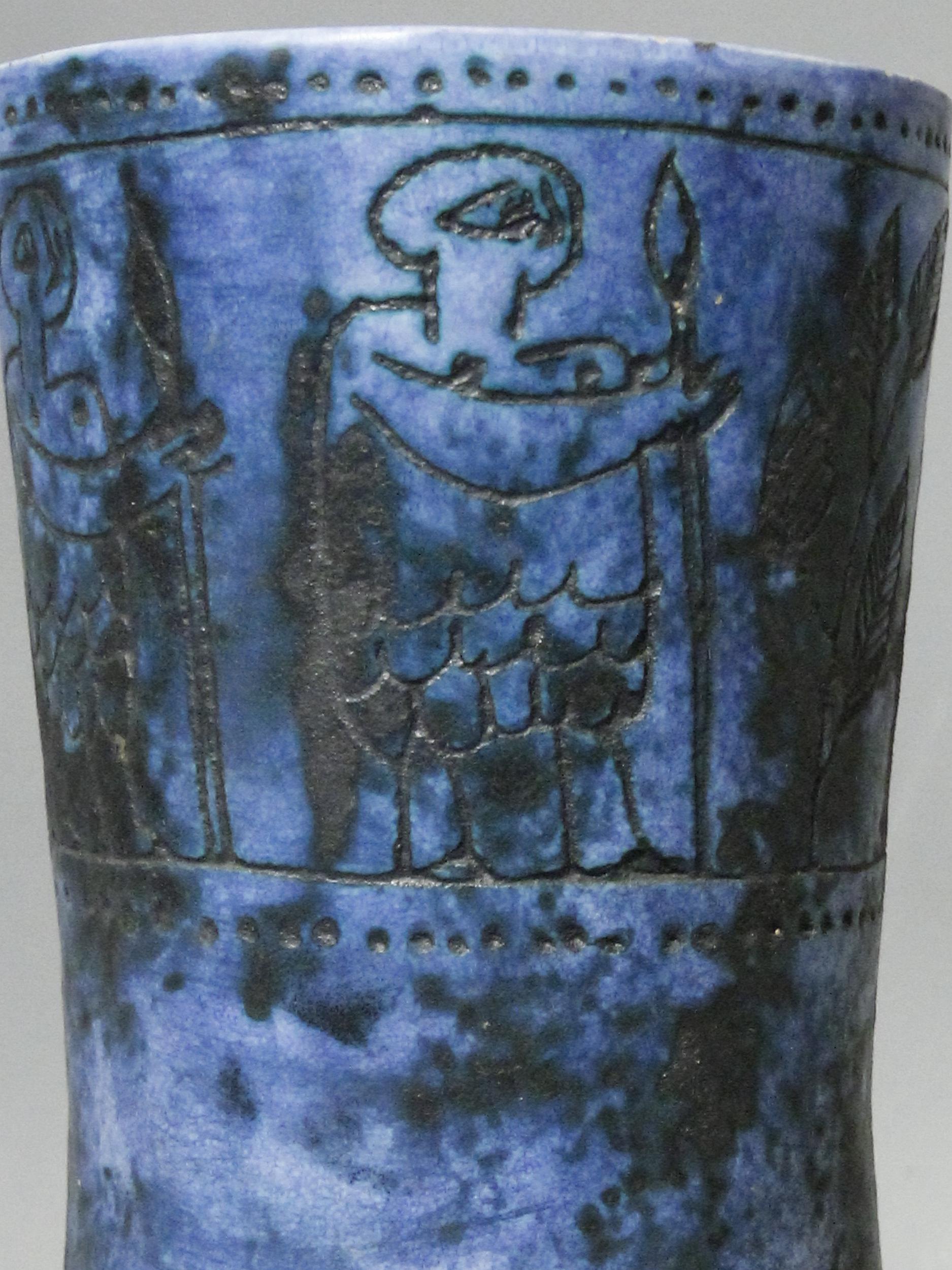 French Ceramic pedestal vase with mythological decoration by J.Blin, France circa 1950  For Sale